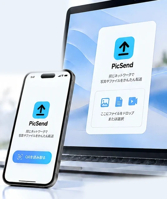 PicSendを開いたスマホとノートパソコン